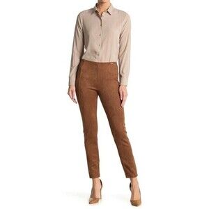 Tahari Faux Suede Seamed Pants Womens M Brown Slim Pull On Stretch NEW